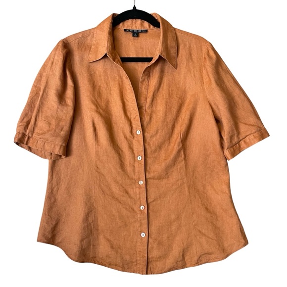 Lafayette 148 New York Women's Rust Orange Half Button-Down V-Neck Blouse Shirt - Picture 2 of 10